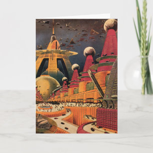 Vintage Science Fiction Futuristic City Flying Car Card