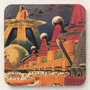 Vintage Science Fiction Futuristic City Flying Car Coaster