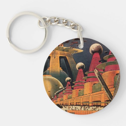 Vintage Science Fiction Futuristic City Flying Car Keychain