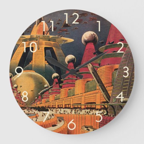 Vintage Science Fiction Futuristic City Flying Car Large Clock