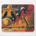 Vintage Science Fiction Futuristic City Flying Car Mouse Pad<br><div class="desc">Vintage illustration travel and transportation science fiction image featuring a classic comic book retro sci fi urban setting with a city of the future. The architectural buildings are shaped like cones and vehicles are flying in the sky like birds while crowds of people are moving through the metropolis.</div>