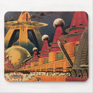 Vintage Science Fiction Futuristic City Flying Car Mouse Pad