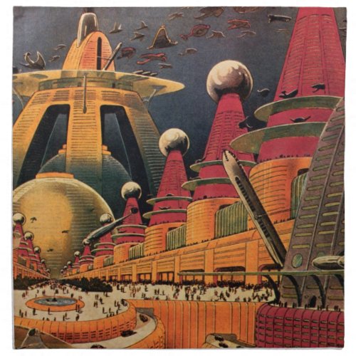 Vintage Science Fiction Futuristic City Flying Car Napkin