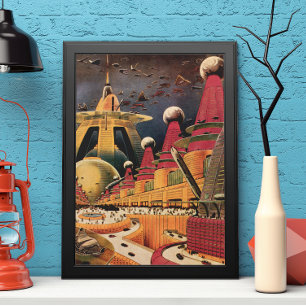 Vintage Science Fiction Futuristic City Flying Car Poster