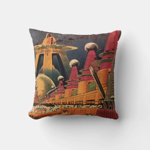 Vintage Science Fiction Futuristic City Flying Car Throw Pillow