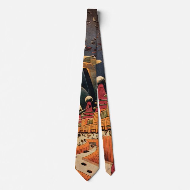 Vintage Science Fiction Futuristic City Flying Car Tie (Front)