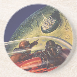Vintage Science Fiction, Futuristic City on Moon Drink Coaster