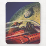 Vintage Science Fiction, Futuristic City on Moon Mouse Pad<br><div class="desc">Vintage illustration travel and transportation science fiction image featuring a classic comic book retro sci fi outer space and planets image of astronauts or aliens traveling in a spaceship flying over a futuristic metropolis on the moon.</div>