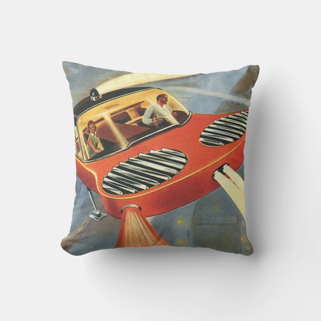 Vintage Science Fiction Futuristic Flying Car Throw Pillow (Front)
