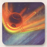 Vintage Science Fiction, Glowing Rocket in Space Beverage Coaster