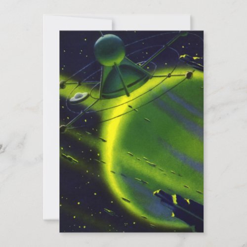 Vintage Science Fiction Green Planet w Spaceship