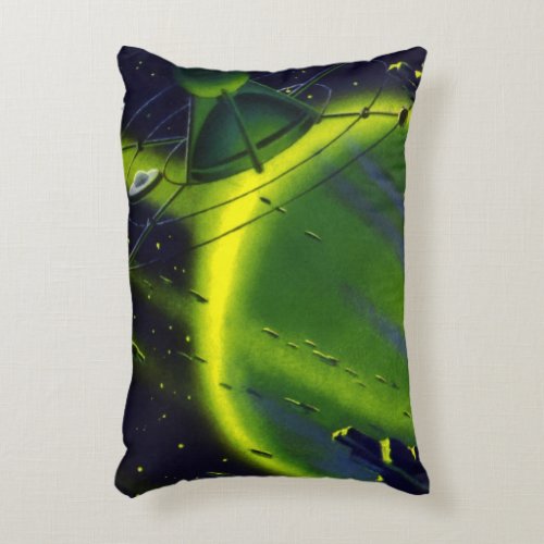 Vintage Science Fiction Green Planet w Spaceship Accent Pillow