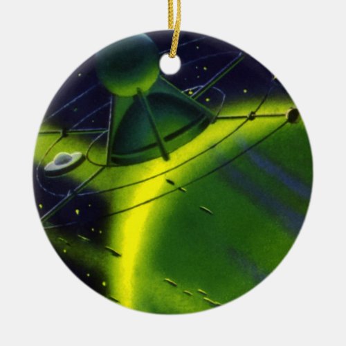 Vintage Science Fiction Green Planet w Spaceship Ceramic Ornament