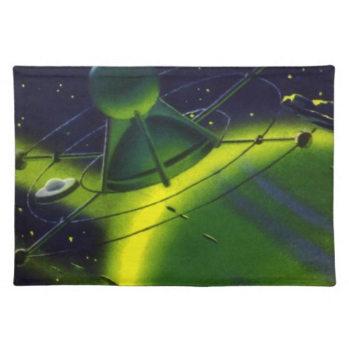 Vintage Science Fiction Green Planet w Spaceship Cloth Placemat