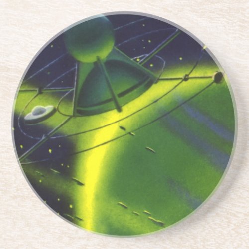 Vintage Science Fiction Green Planet w Spaceship Coaster