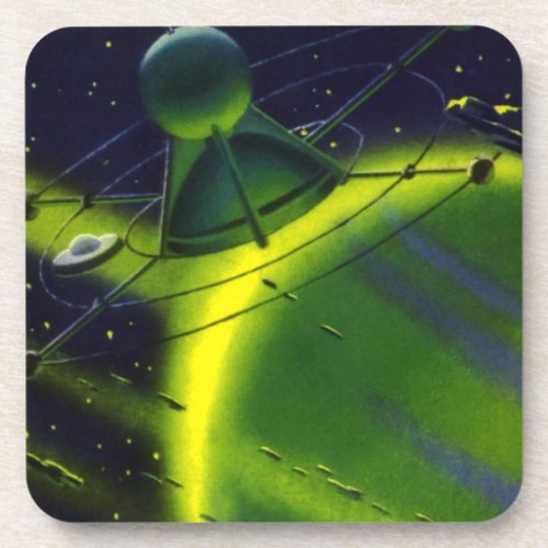 Vintage Science Fiction Green Planet w Spaceship Coaster