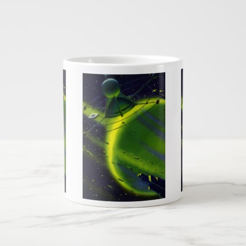 Vintage Science Fiction Green Planet w Spaceship Large Coffee Mug