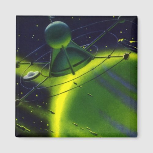 Vintage Science Fiction Green Planet w Spaceship Magnet