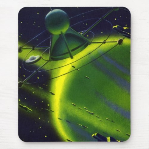 Vintage Science Fiction Green Planet w Spaceship Mouse Pad