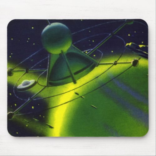 Vintage Science Fiction Green Planet w Spaceship Mouse Pad