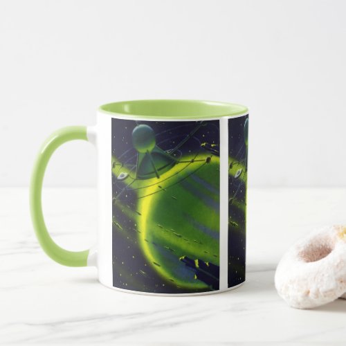 Vintage Science Fiction Green Planet w Spaceship Mug