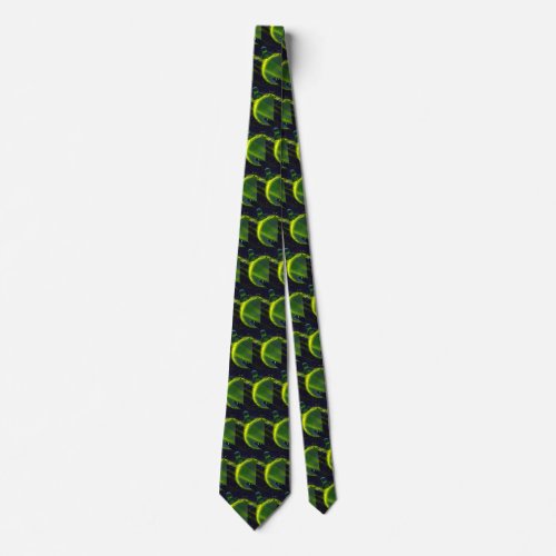 Vintage Science Fiction Green Planet w Spaceship Neck Tie