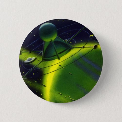 Vintage Science Fiction Green Planet w Spaceship Pinback Button