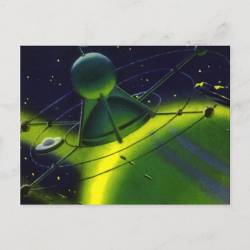 Vintage Science Fiction Green Planet w Spaceship Postcard