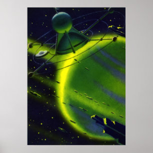 Vintage Science Fiction Green Planet w Spaceship Poster