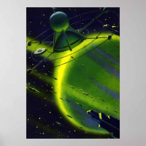 Vintage Science Fiction Green Planet w Spaceship Poster