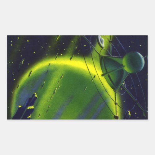 Vintage Science Fiction Green Planet w Spaceship Rectangular Sticker