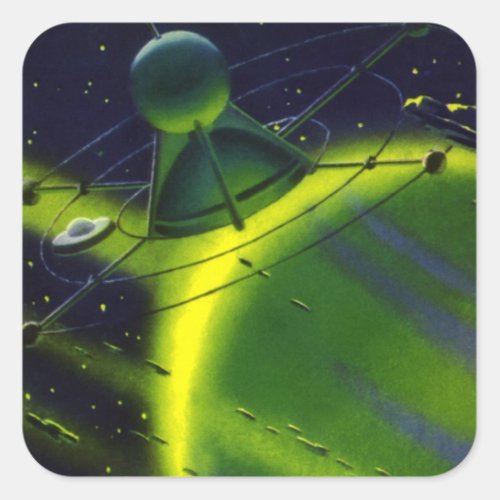 Vintage Science Fiction Green Planet w Spaceship Square Sticker