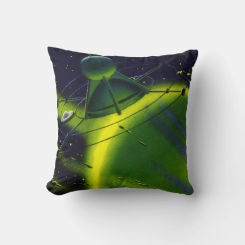 Vintage Science Fiction Green Planet w Spaceship Throw Pillow