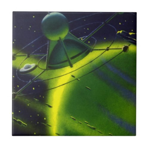 Vintage Science Fiction Green Planet w Spaceship Tile