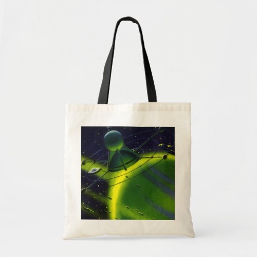 Vintage Science Fiction Green Planet w Spaceship Tote Bag