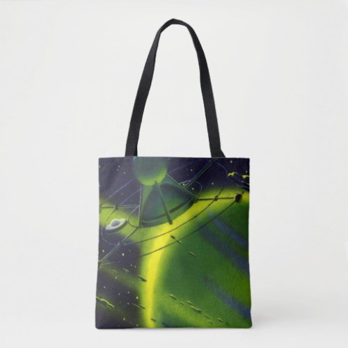 Vintage Science Fiction Green Planet w Spaceship Tote Bag