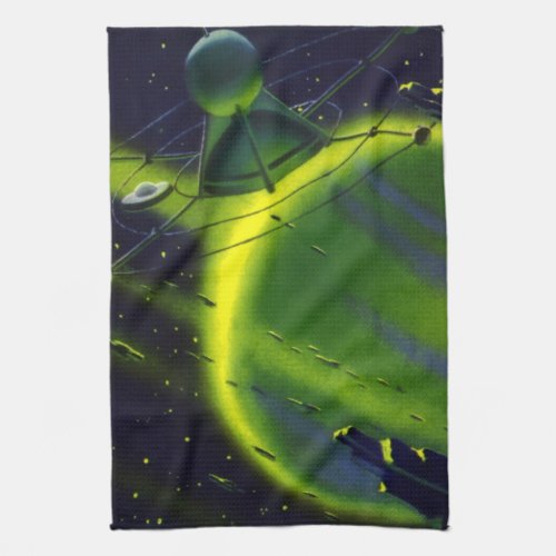 Vintage Science Fiction Green Planet w Spaceship Towel