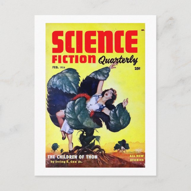 Vintage Science Fiction Man Eating Plants Postcard (Front)