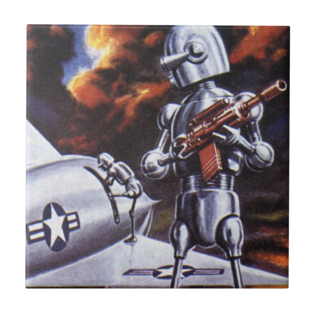 Vintage Science Fiction Military Robot Soldiers Ceramic Tile (Front)