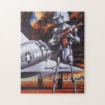 Vintage Science Fiction Military Robot Soldiers Jigsaw Puzzle<br><div class="desc">Vintage illustration futuristic Science Fiction military robot image. A hostile alien soldier holding a rifle gun and standing in front of a military aircraft or airplane with a star. He is on a desolate planet ready to go to war with smoke, fire and explosions. Time to battle and fight the...</div>