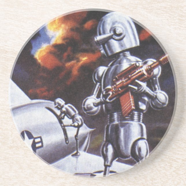 Vintage Science Fiction Military Robot Soldiers Sandstone Coaster (Front)