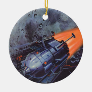 Vintage Science Fiction, Moon Rocket Blasting Off Ceramic Ornament