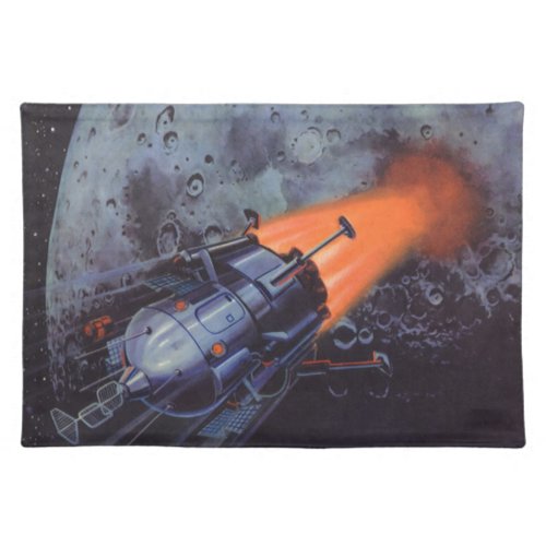 Vintage Science Fiction Moon Rocket Blasting Off Cloth Placemat
