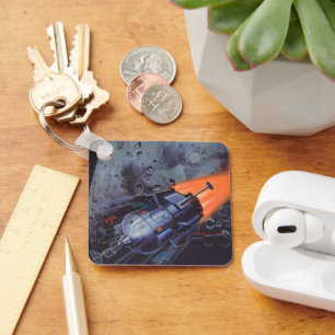 Vintage Science Fiction, Moon Rocket Blasting Off Keychain