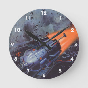 Vintage Science Fiction, Moon Rocket Blasting Off Round Clock