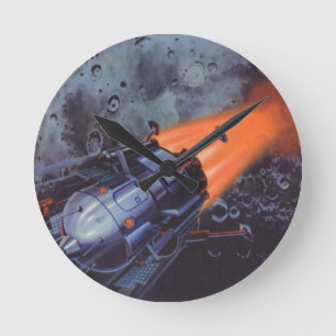 Vintage Science Fiction, Moon Rocket Blasting Off Round Clock
