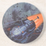 Vintage Science Fiction, Moon Rocket Blasting Off Sandstone Coaster