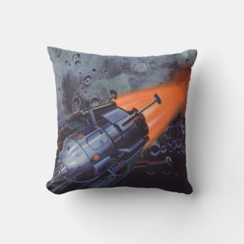 Vintage Science Fiction Moon Rocket Blasting Off Throw Pillow