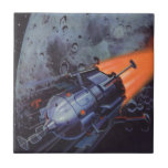 Vintage Science Fiction, Moon Rocket Blasting Off Tile