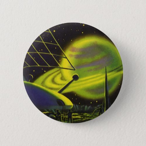 Vintage Science Fiction Neon Green Planet w Rings Button